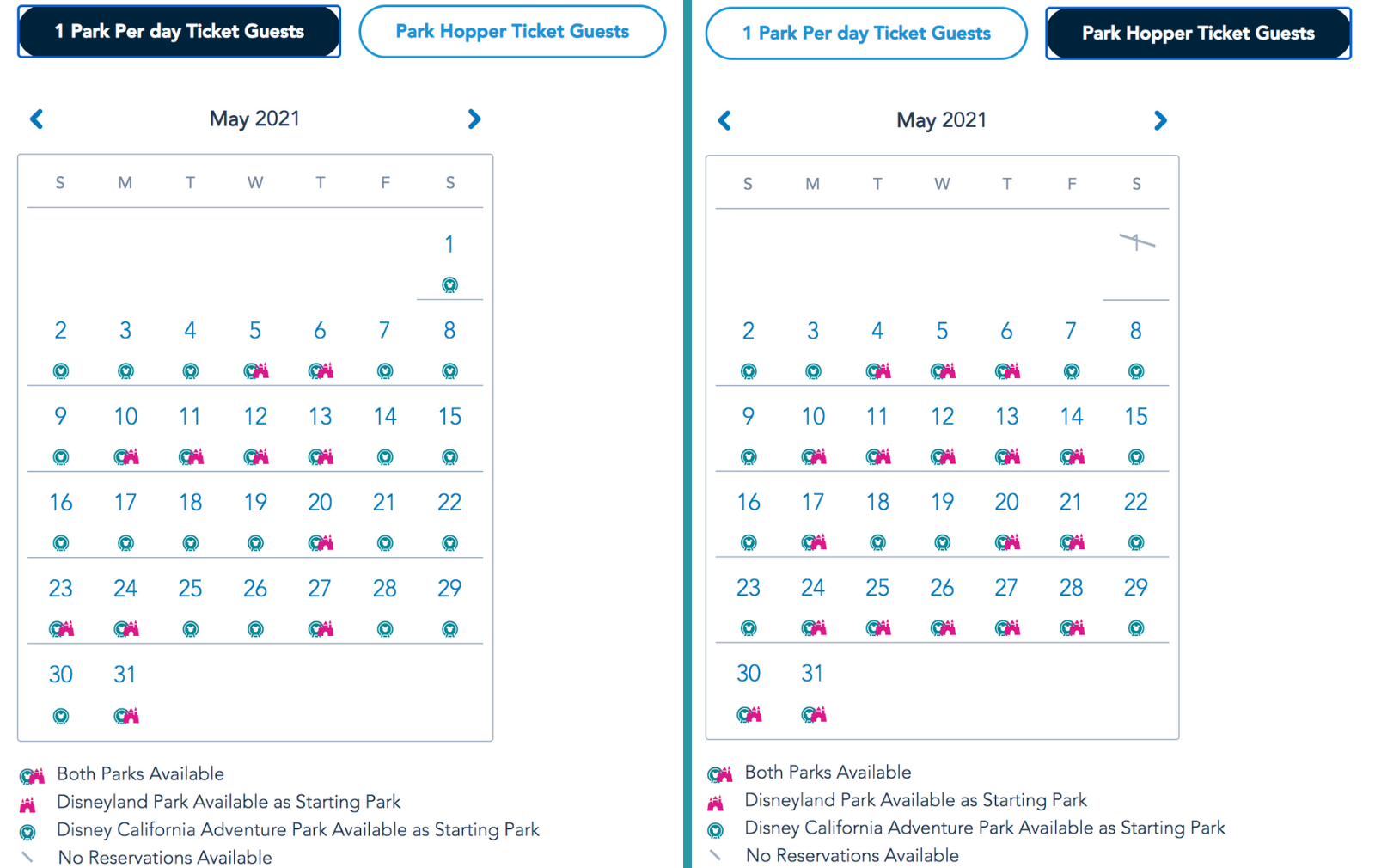 Disneyland May Reservations Calendar