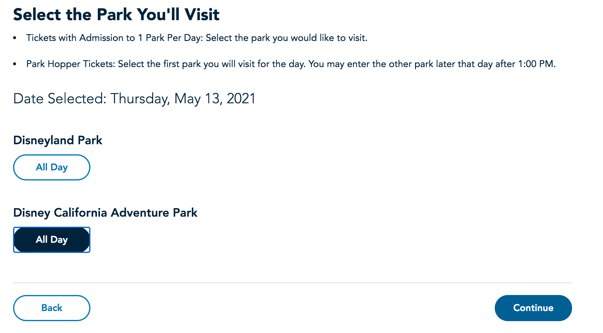 Disneyland Reservations - Select a Park Screen