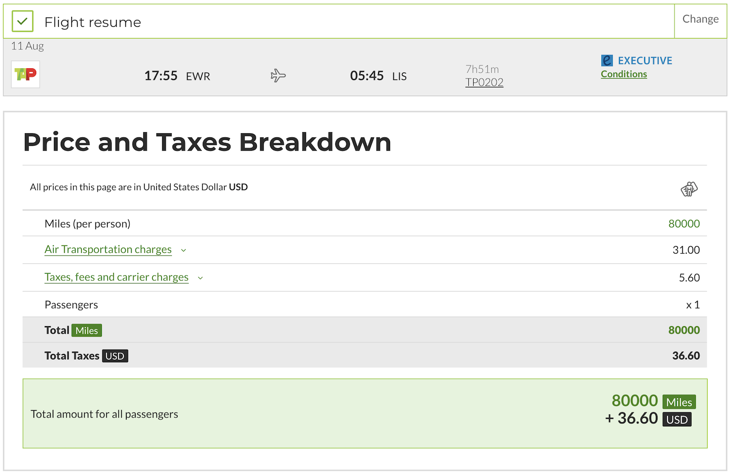 EWR to LIS TAP award ticket