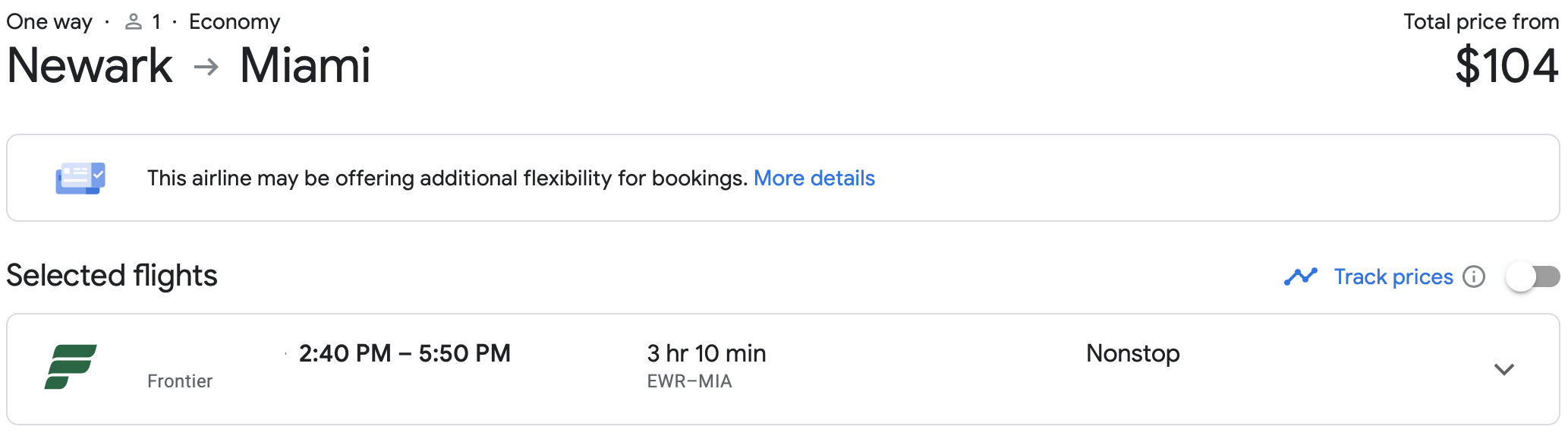 EWR to MIA Frontier ticket