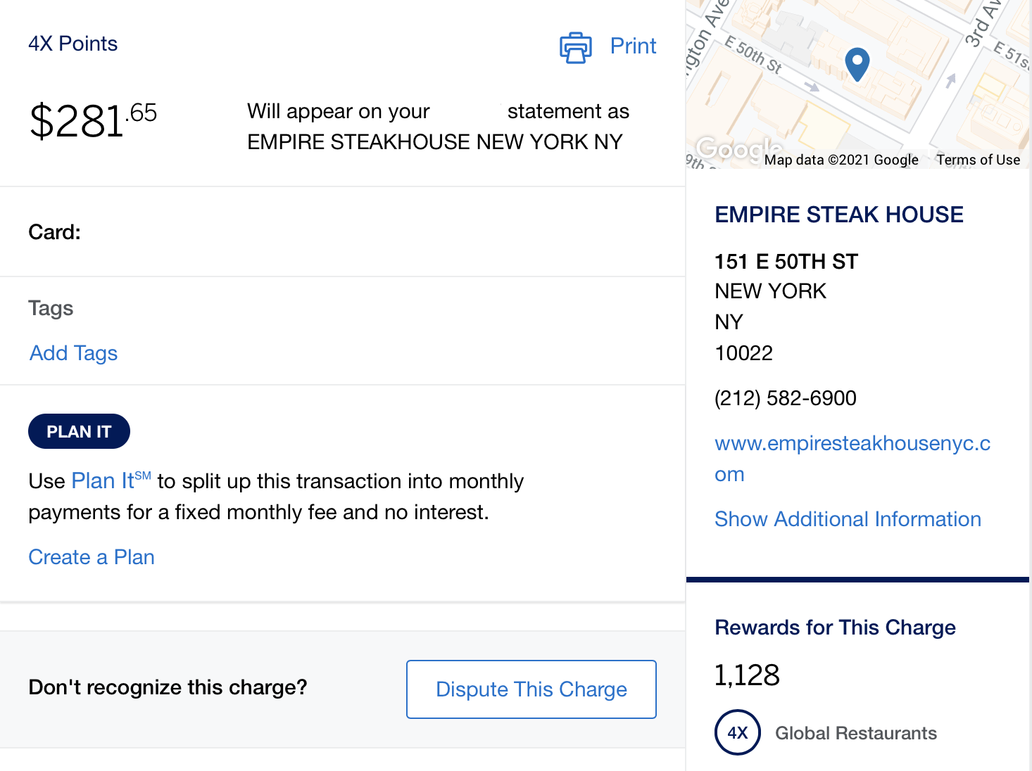 Empire Steakhouse Amex Gold earning