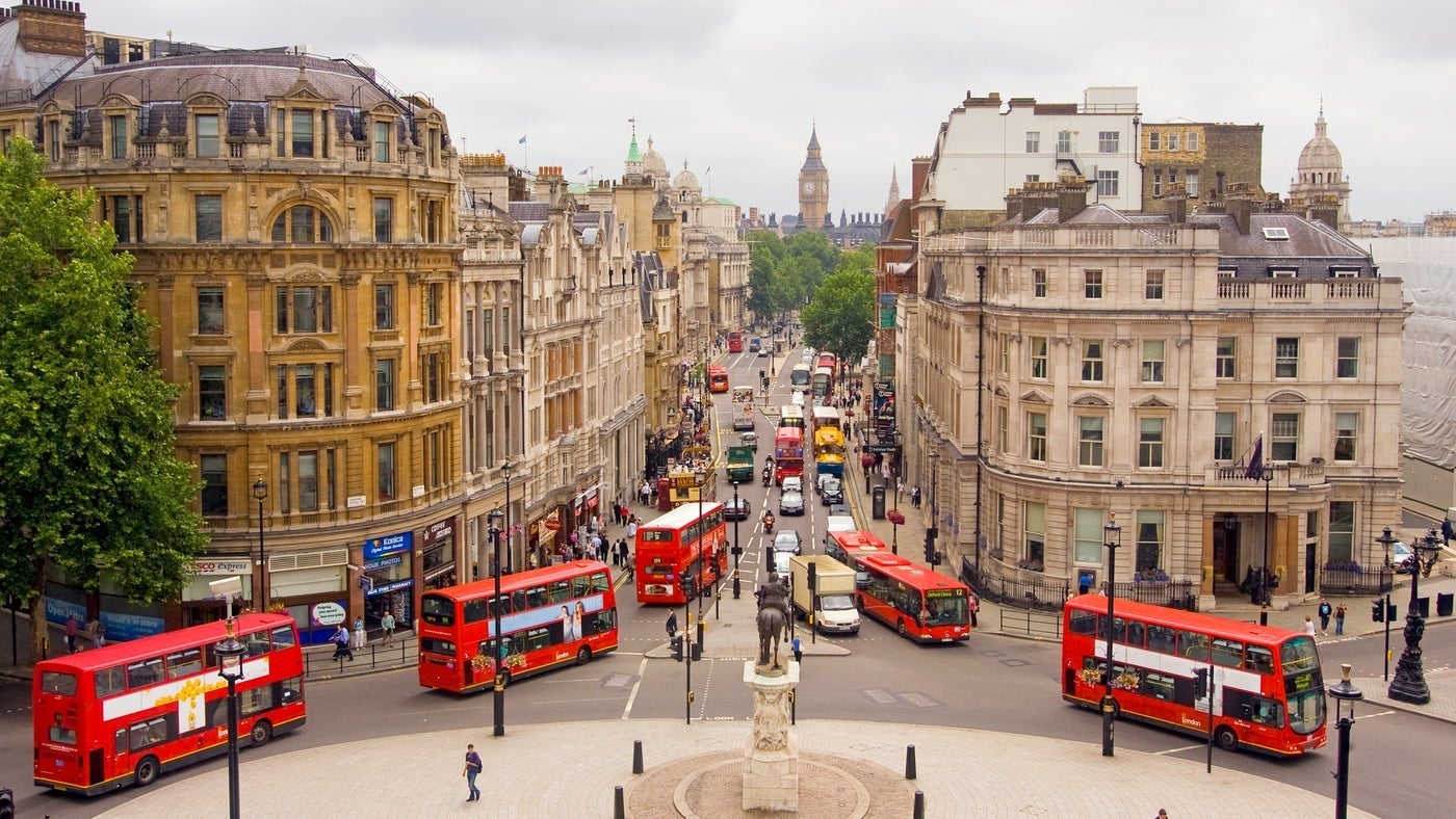 Westminster, London, England. View from the top of Nelson's Column in Trafalgar Square down Whitehall towards Big Ben