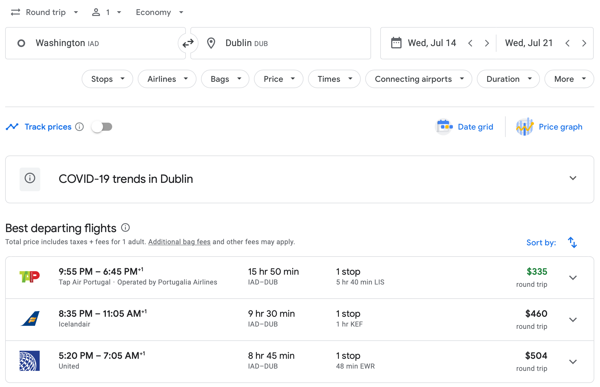 IAD to DUB Google Flights