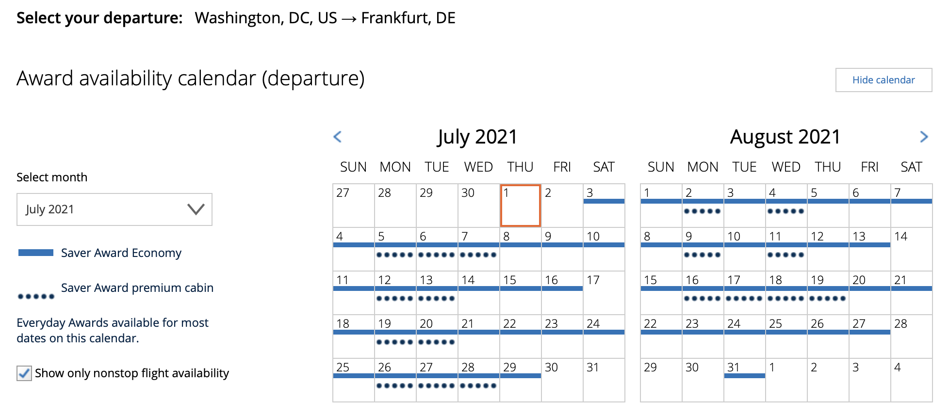 IAD to FRA United award calendar