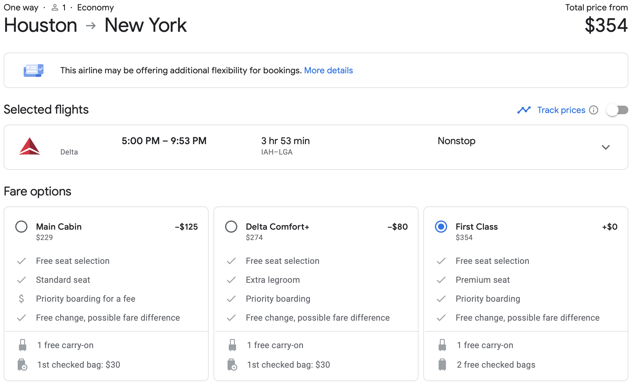 IAH to NYC Google Flights booking