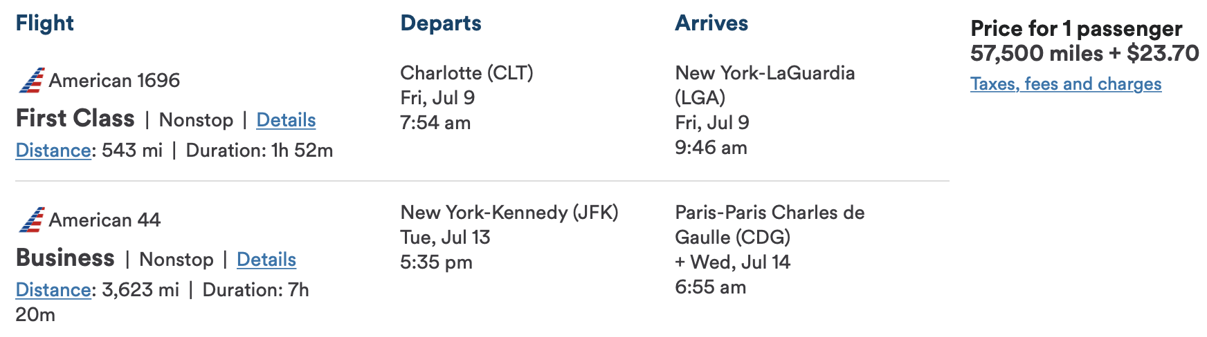 JFK-CLT-CDG Alaska Airlines award itinerary