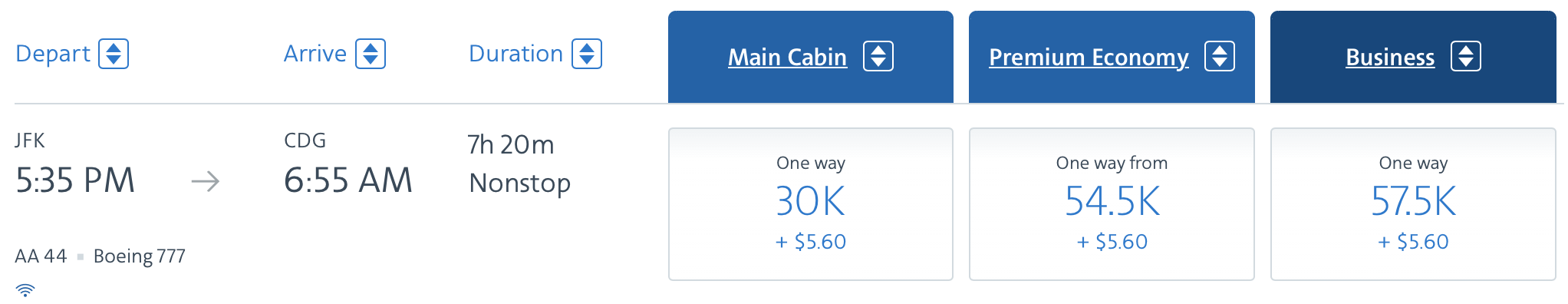JFK to CDG AAdvantage award ticket