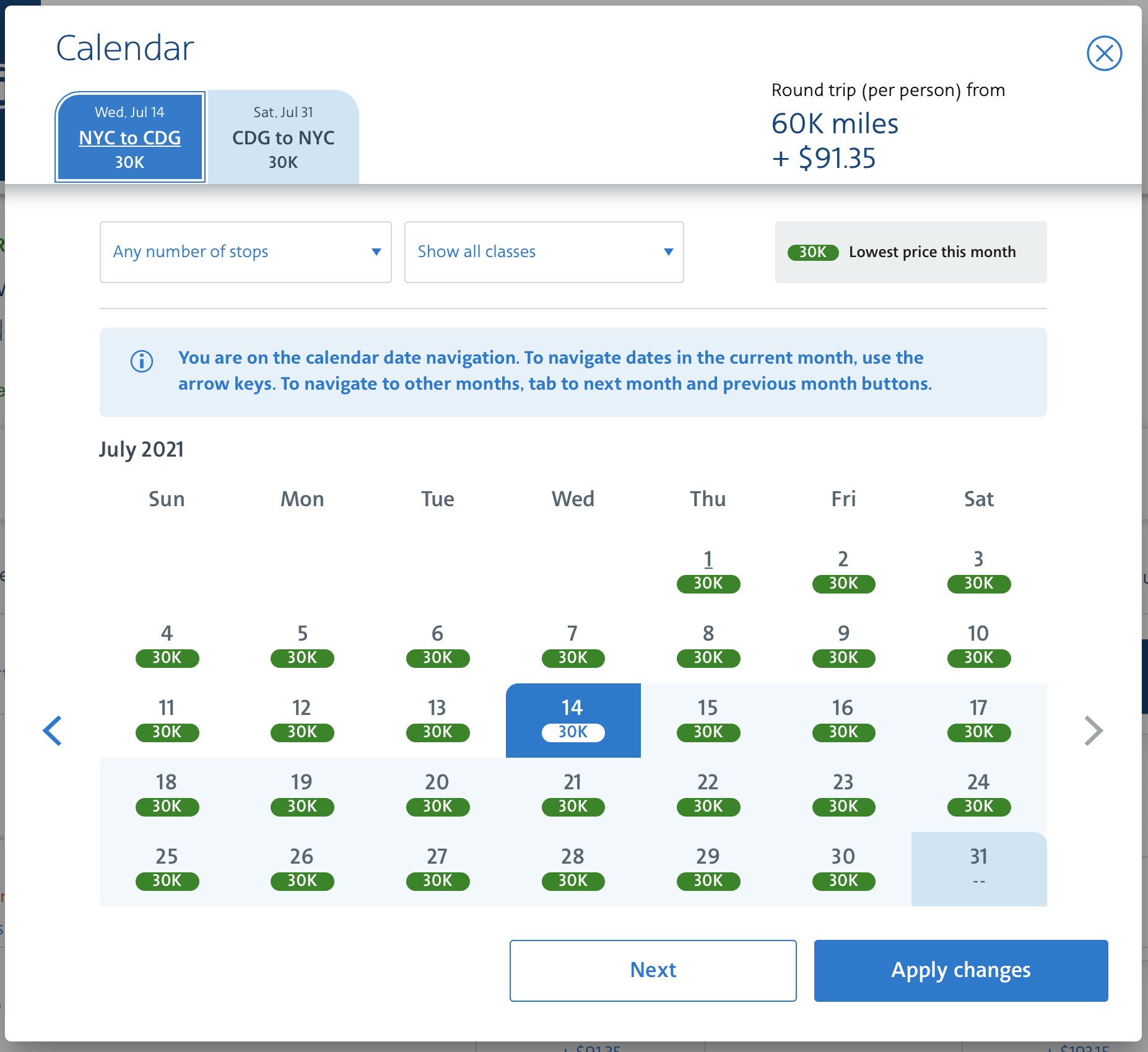 JFK to CDG American Airlines award calendar