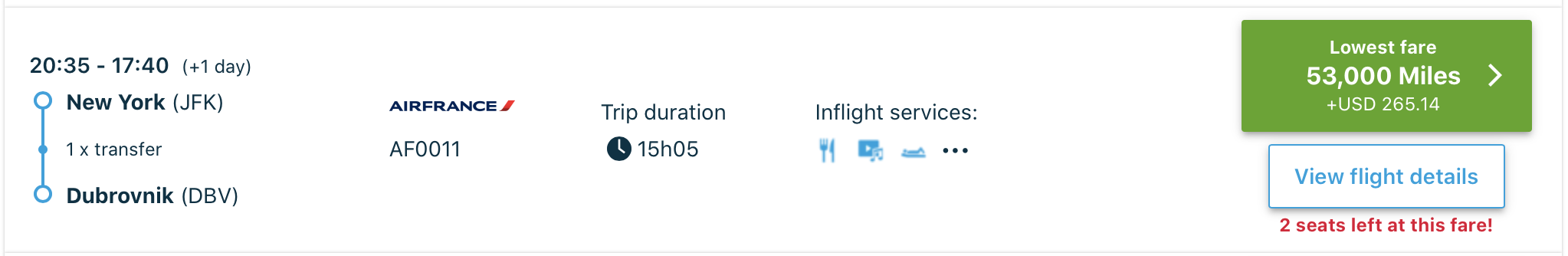 JFK to DBV Flying Blue Award