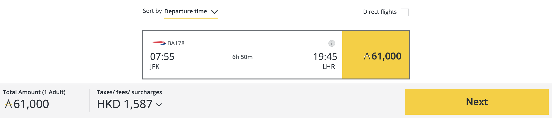 JFK to LHR Asia Miles award