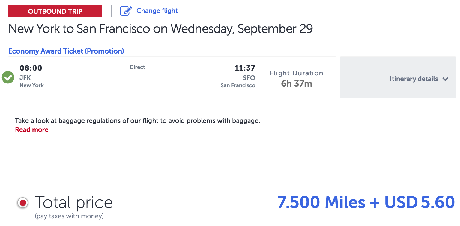 JFK to SFO Turkish Airlines award ticket