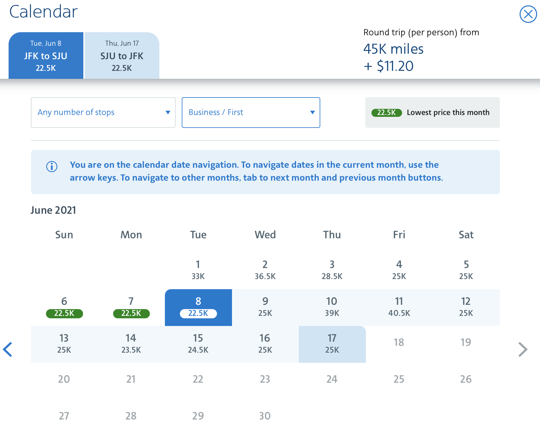 JFK to SJU round-trip American calendar
