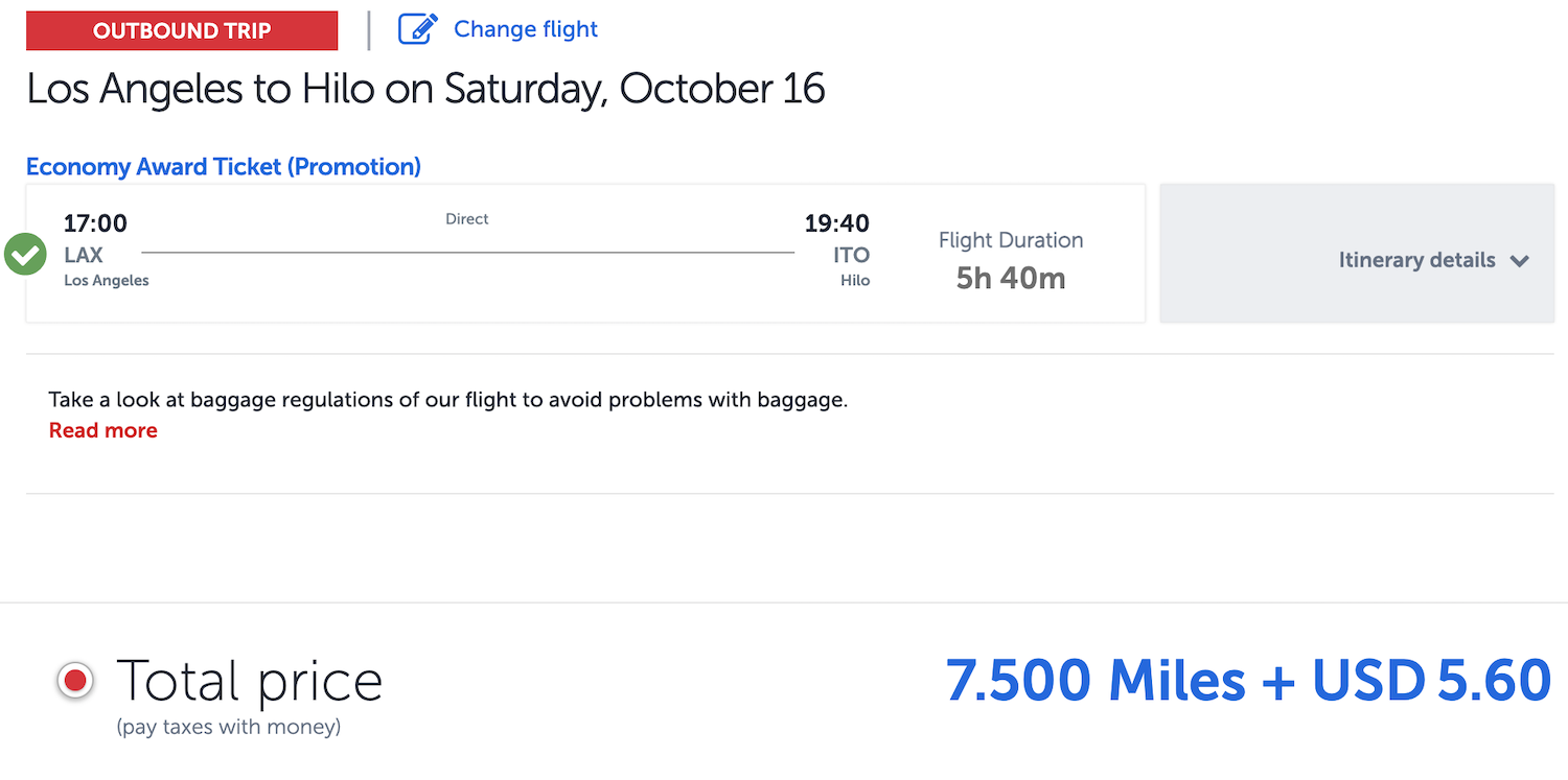 LAX to ITO Turkish airlines award ticket