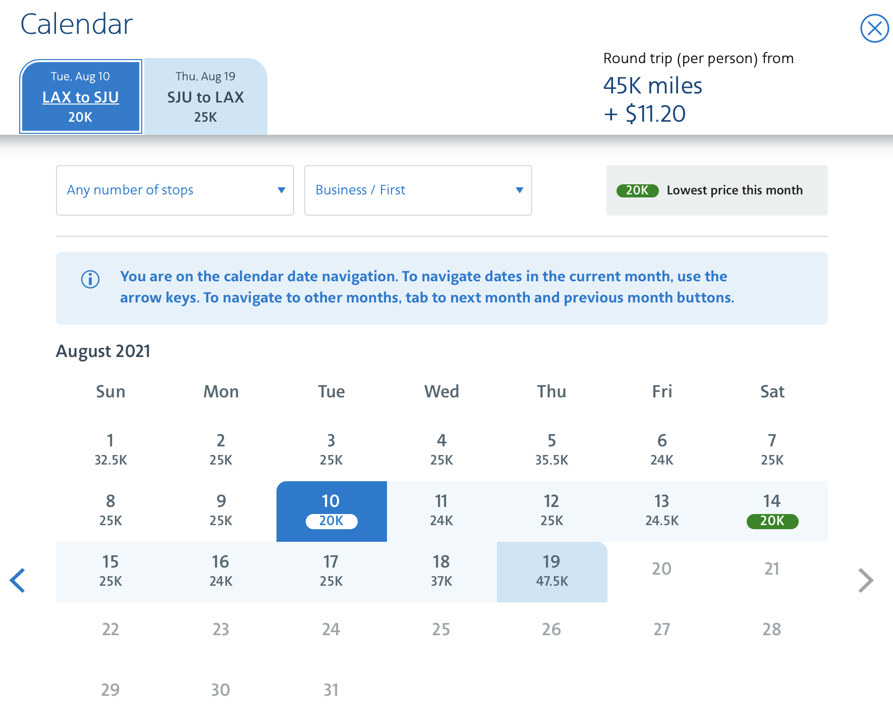 LAX to SJU round-trip American calendar