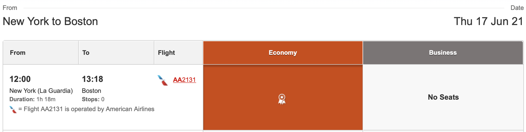 LGA to BOS Qantas one-way award ticket