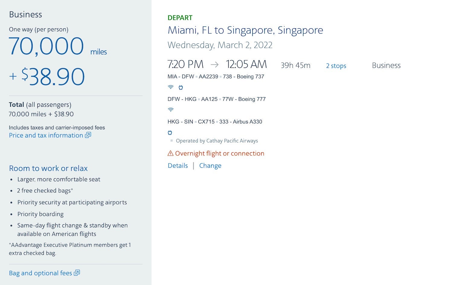 MIA-SIN business class award aa