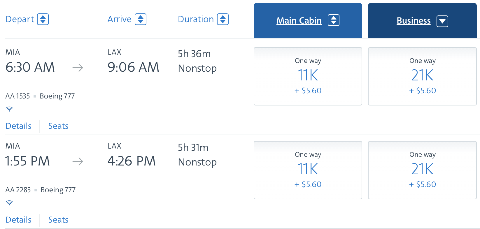 MIA to LAX AAdvantage award tickets