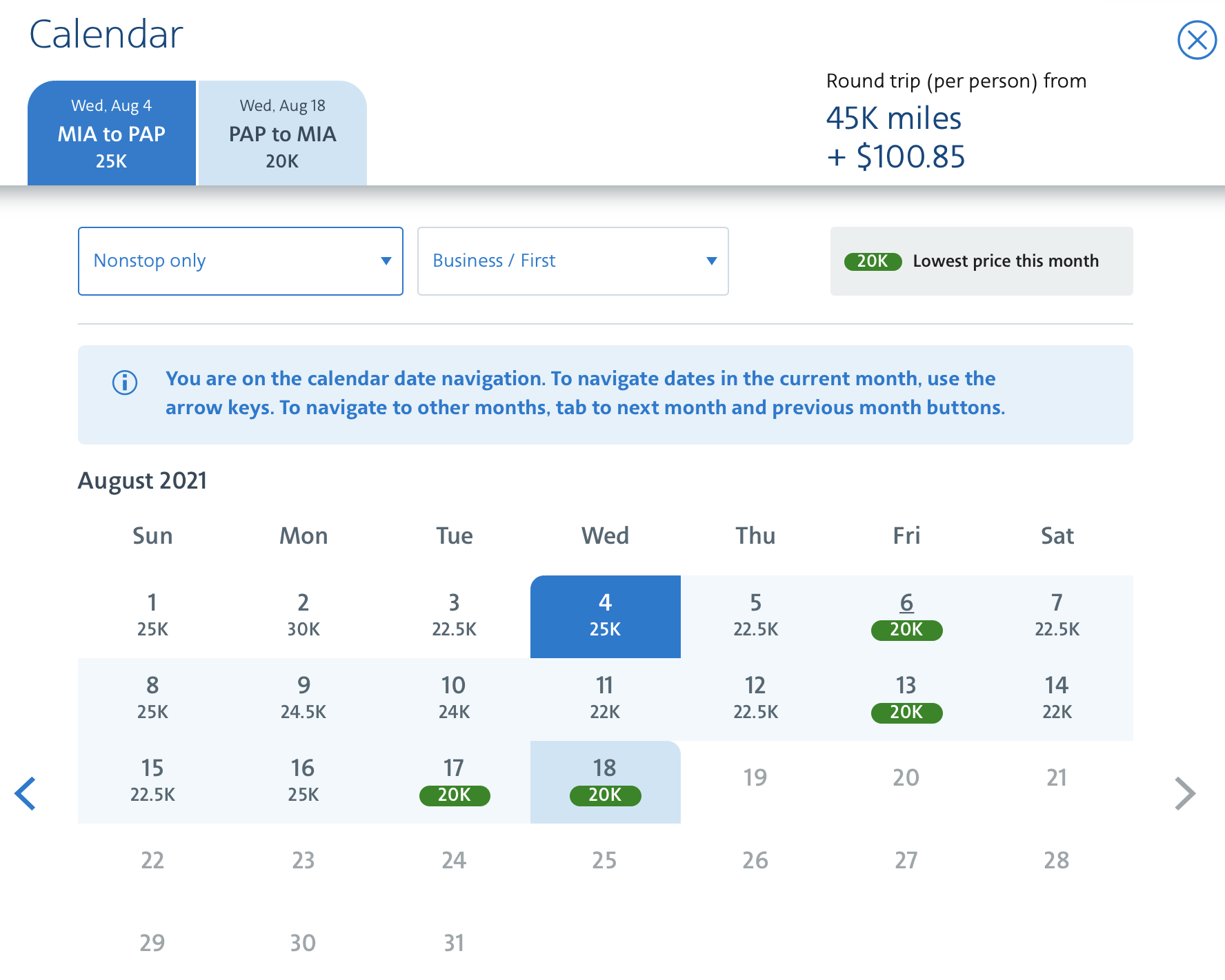 MIA to PAP round-trip American calendar