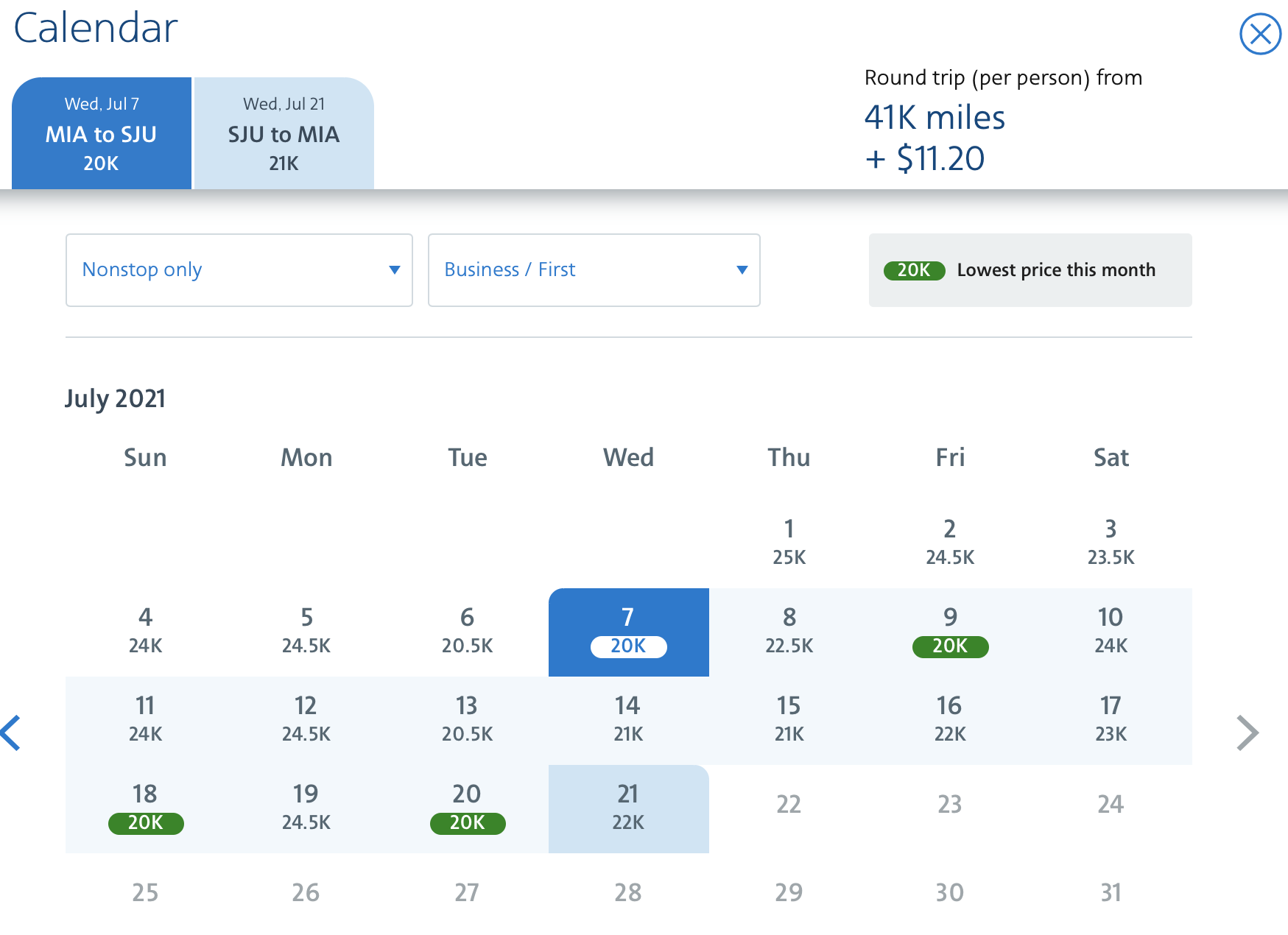 MIA to SJU round-trip American calendar
