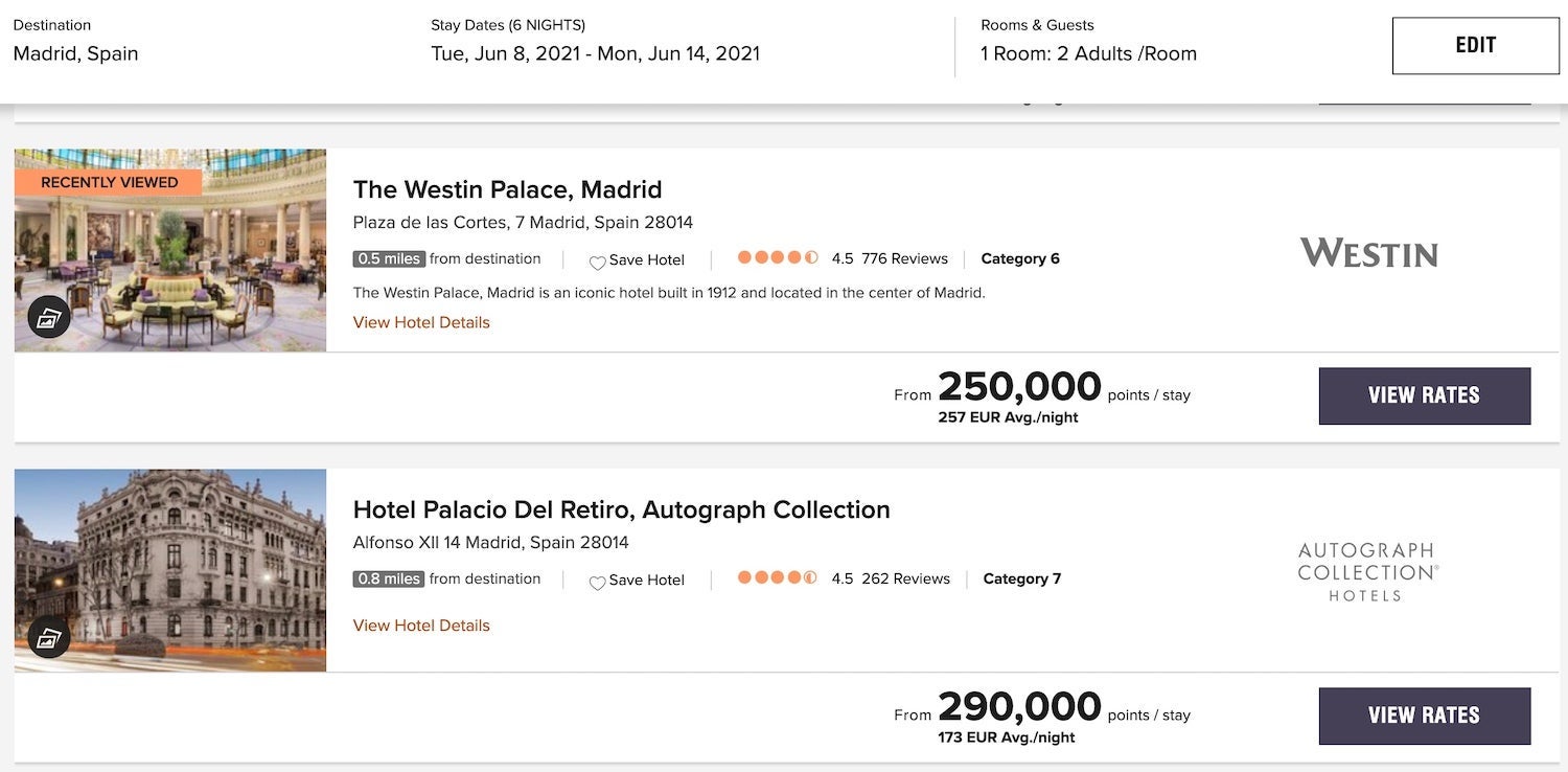 Marriott hotel search results Madrid in June 2021