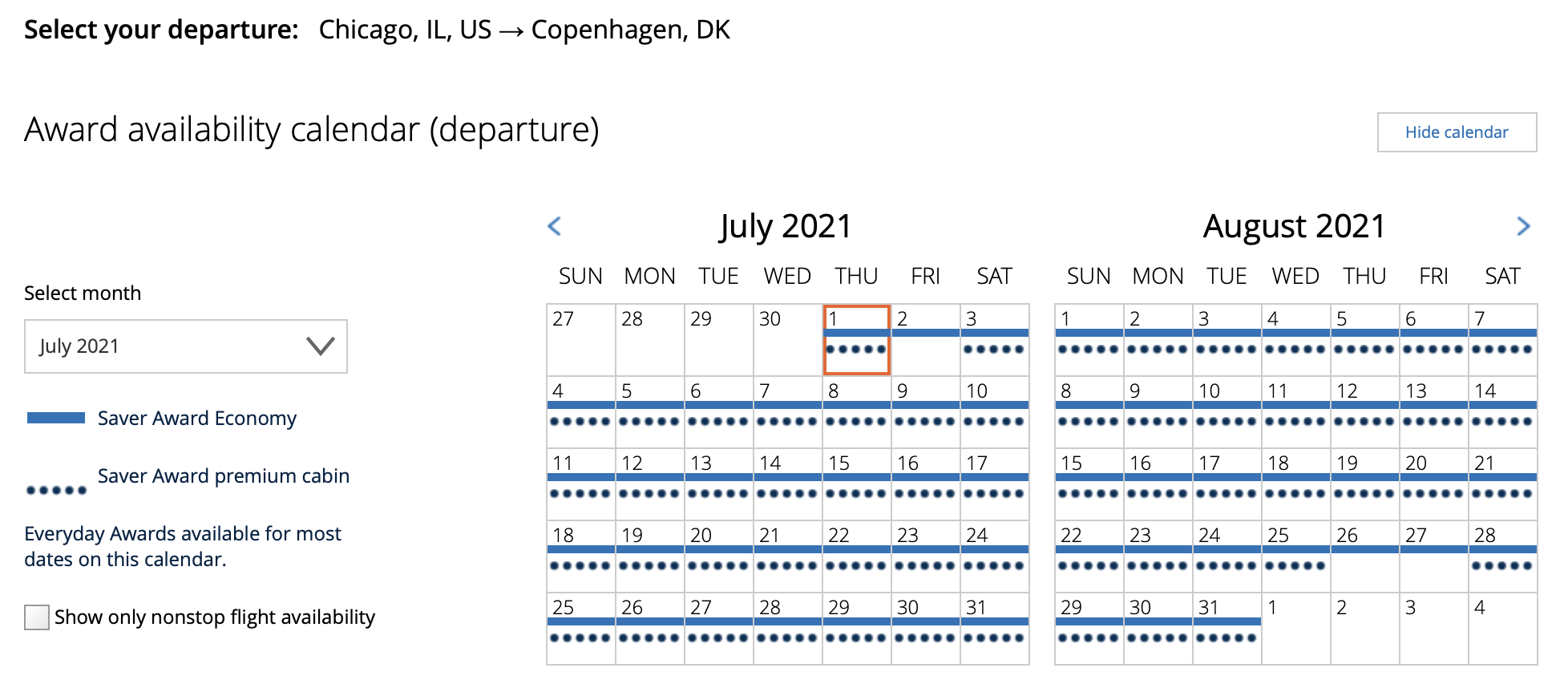 ORD to CPH United award calendar