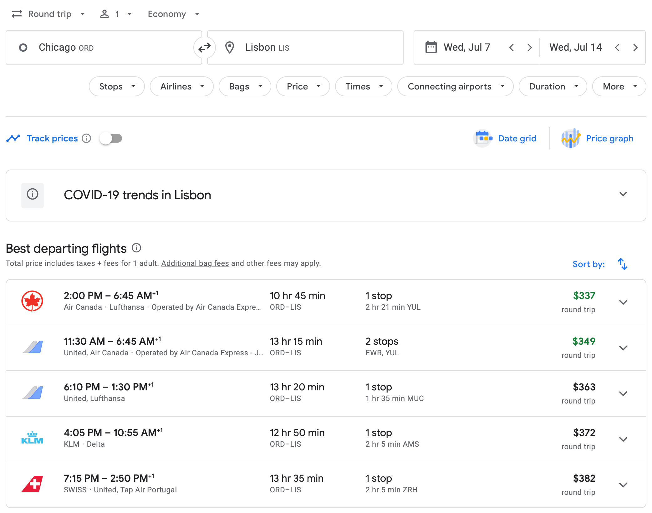 ORD to LIS Google Flights