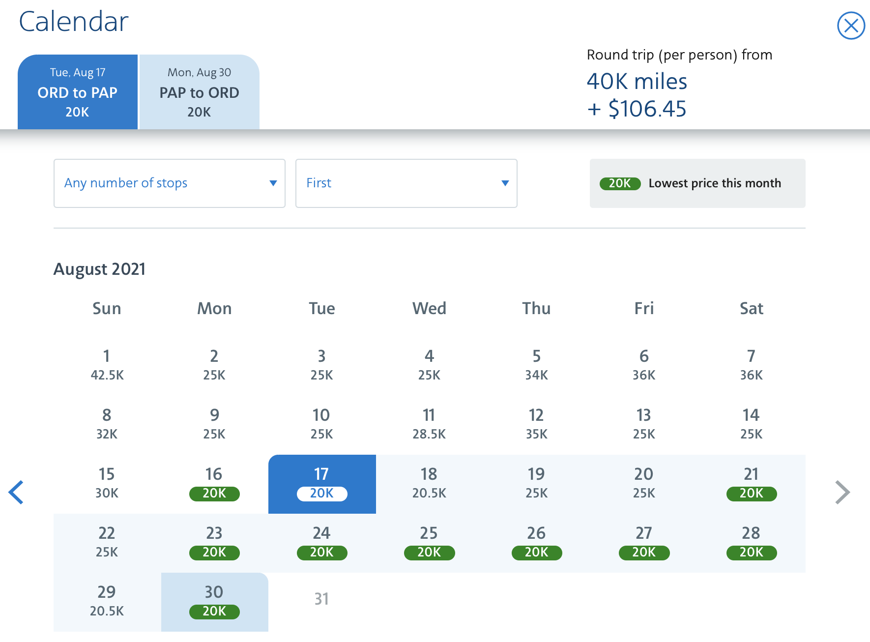 ORD to PAP round-trip American calendar