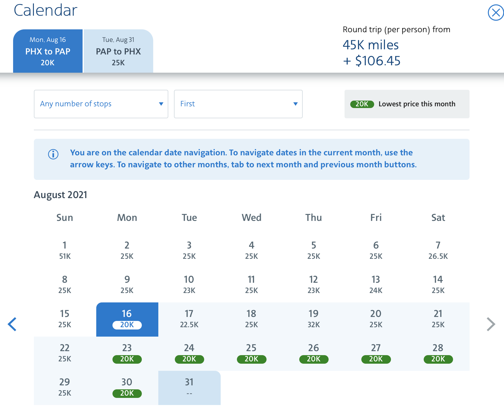 PHX to PAP round-trip American calendar