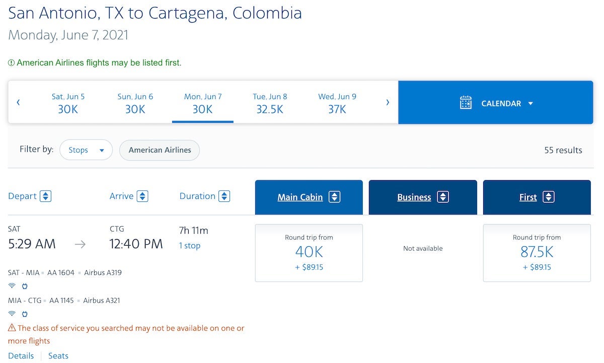 SAT-CTG economy class award American Airlines