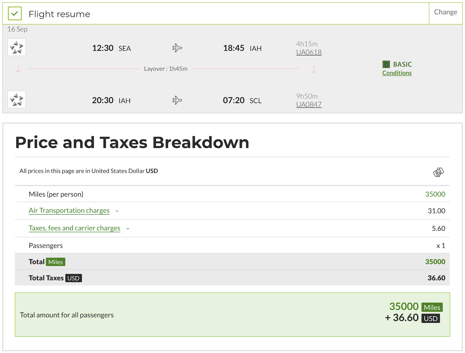 SEA to SCL TAP award ticket