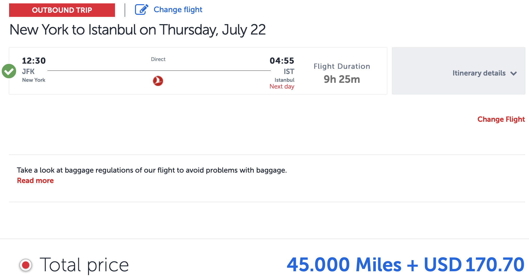 Turkish Airlines award ticket JFK to IST