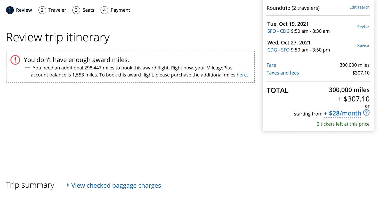 United trip itinerary review page