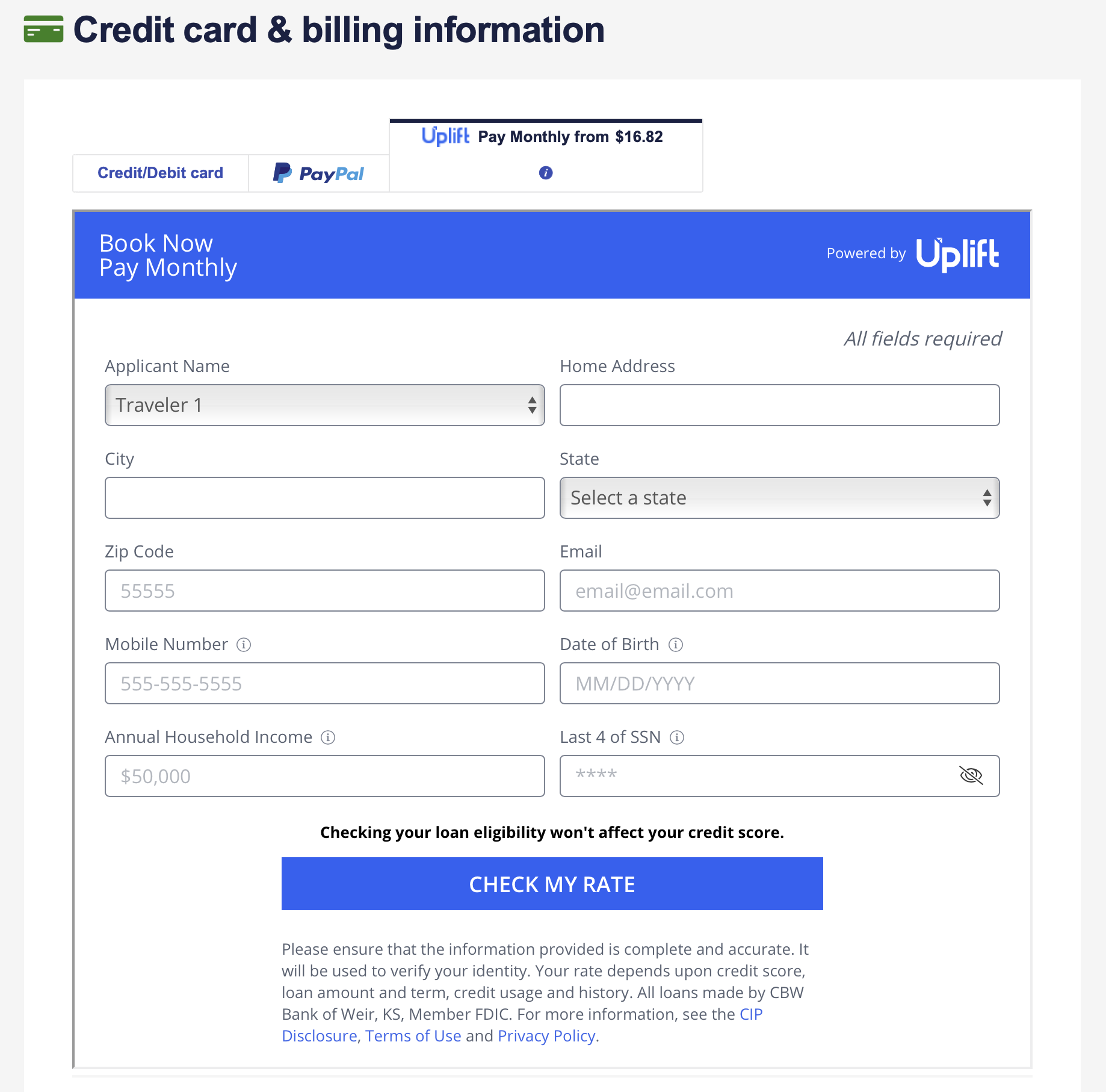 Uplift application page on Southwest website