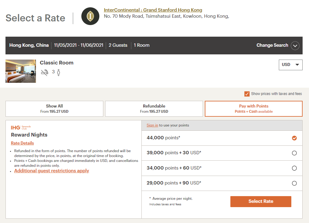 Example IHG award pricing