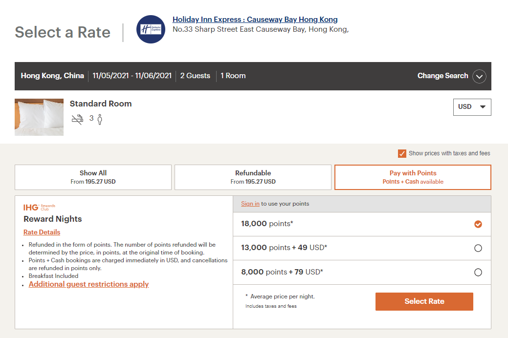 Example IHG award pricing