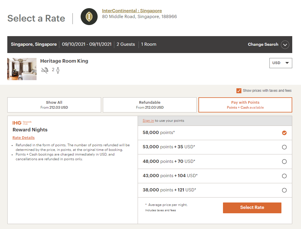 InterContinental Hotels Singapore pricing example