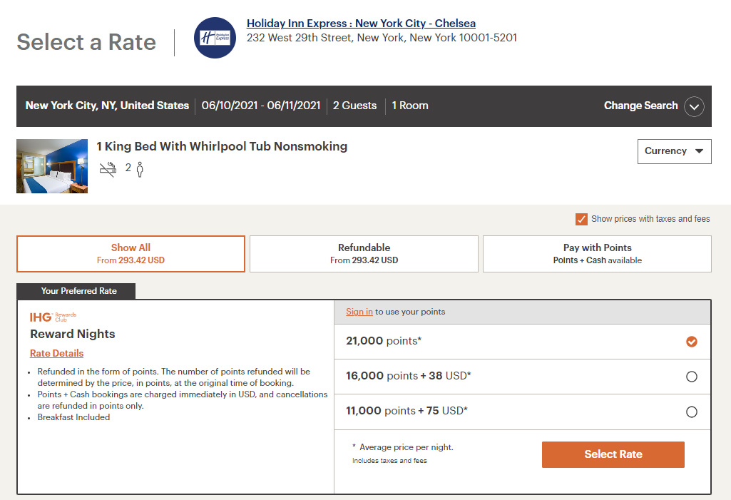 Example IHG award pricing