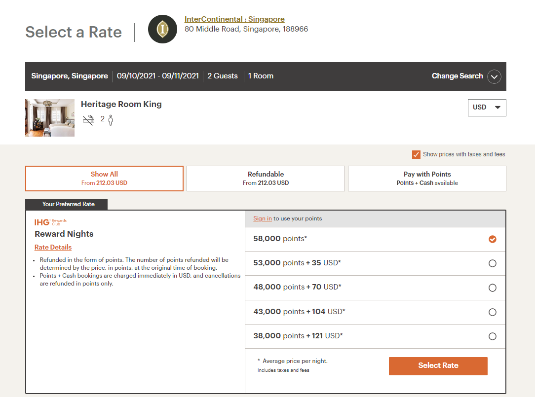 Example IHG award pricing