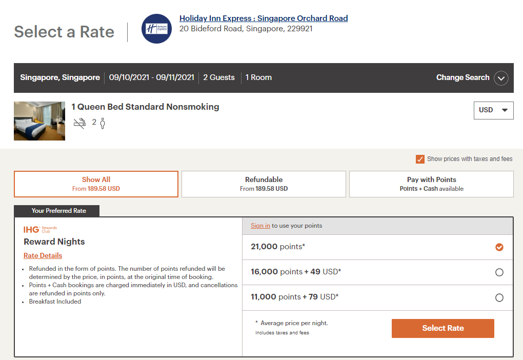 Example IHG award pricing