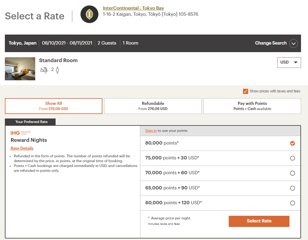 Example IHG award pricing