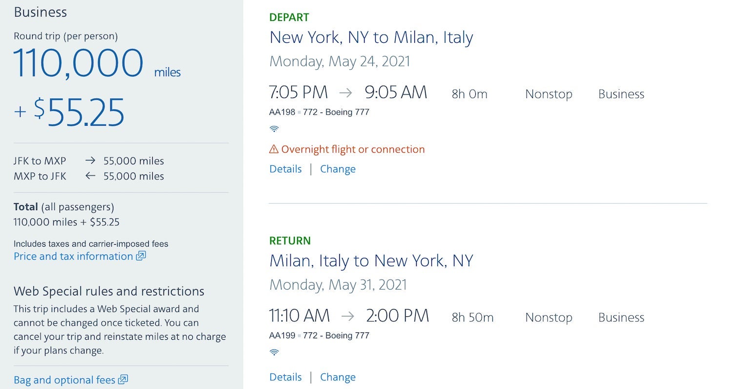 AA covid-tested business class flight award JFK-MXP