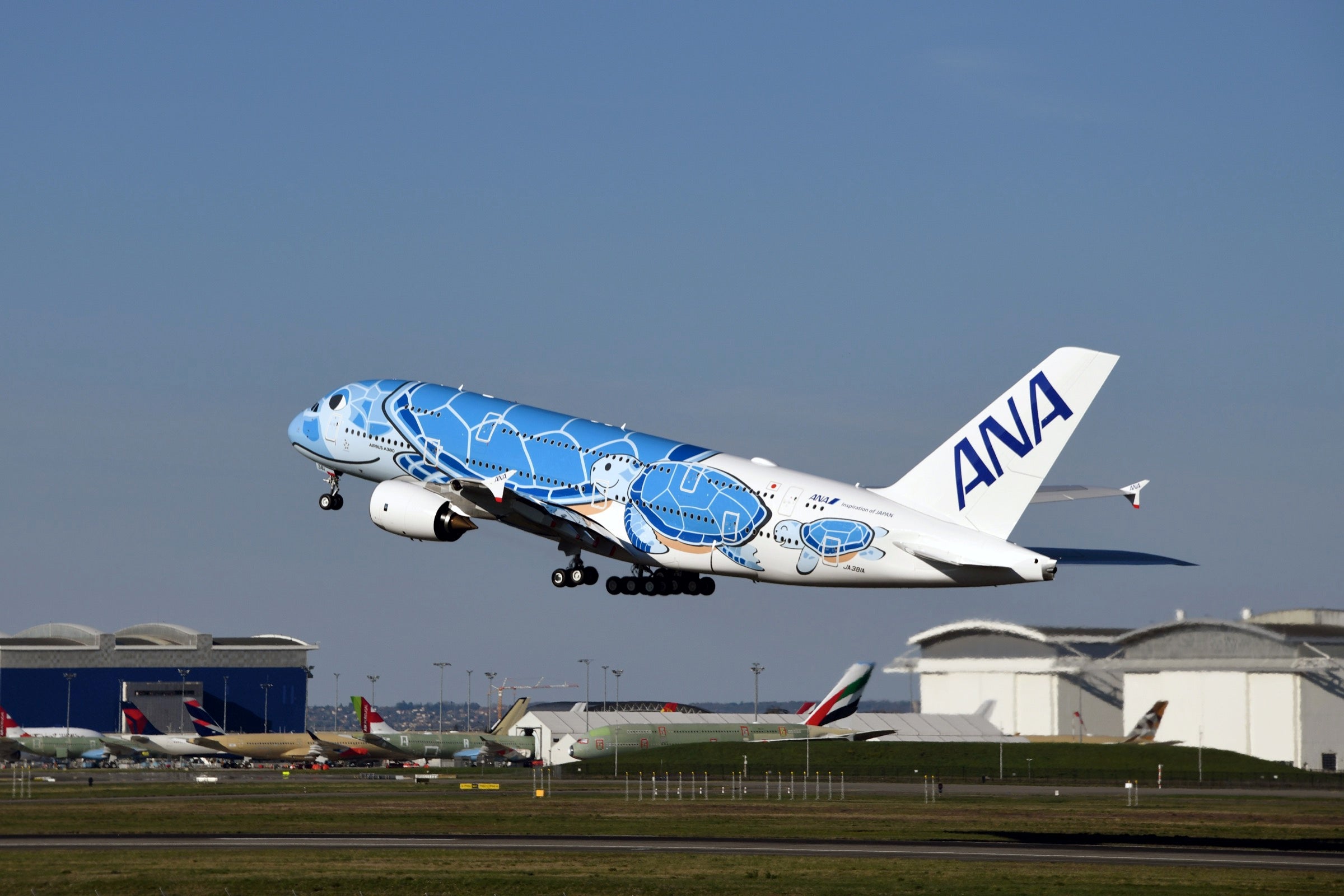 ANA A380 taking off in France