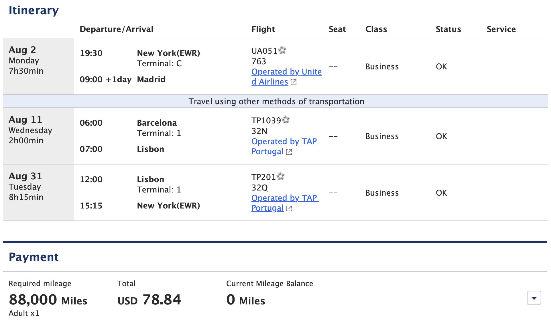 ANA itinerary from Newark to Spain and Portugal