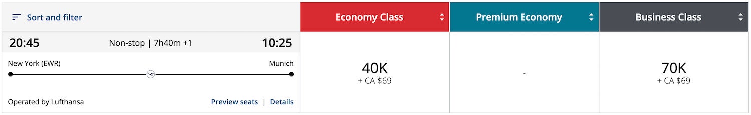 Aeroplan JFK-MUC business class award search