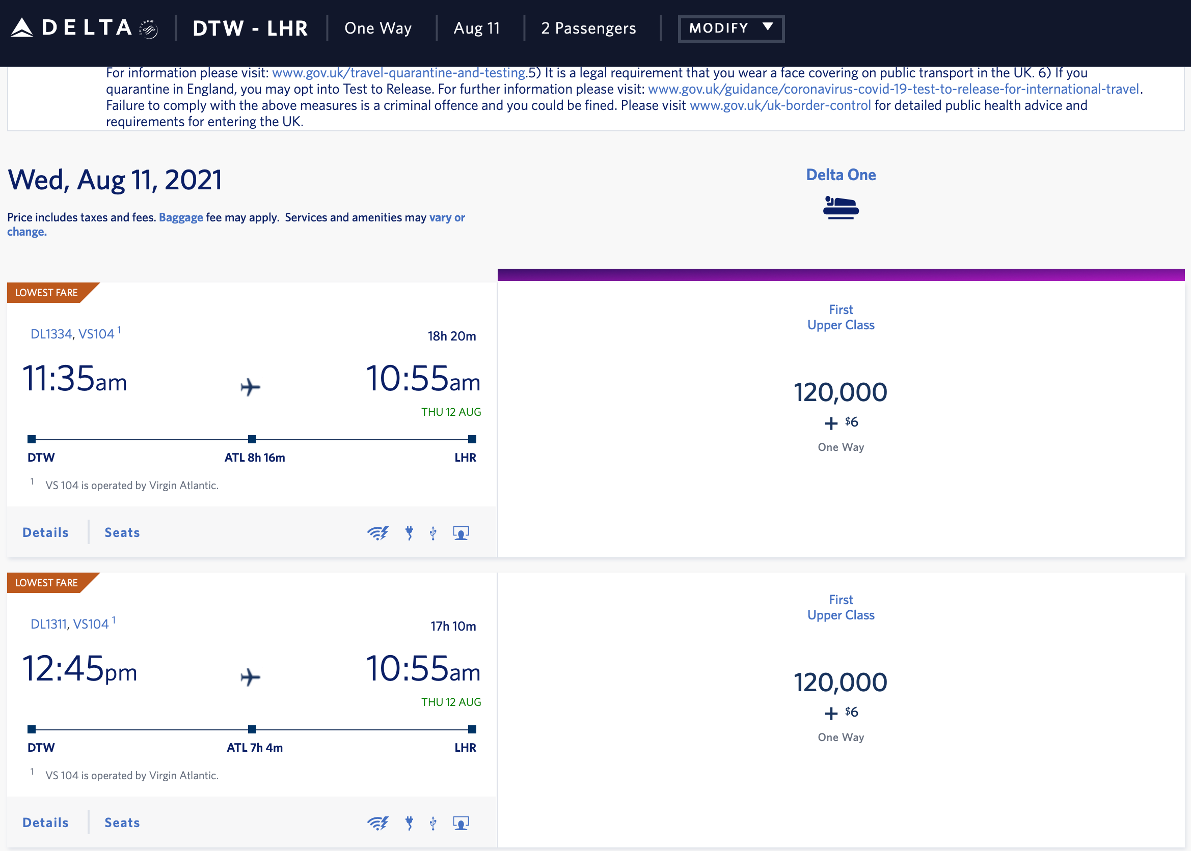 Award flight options on Delta's website
