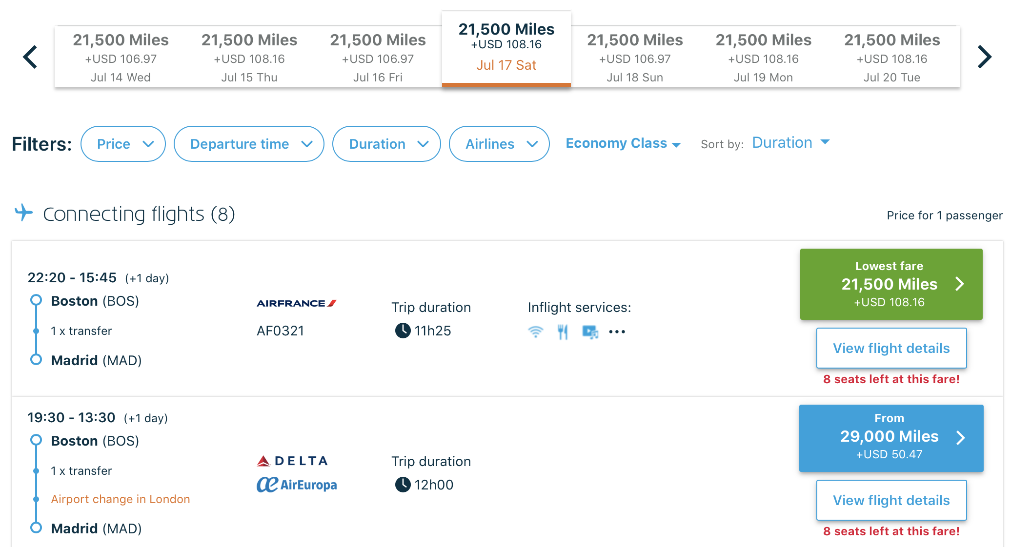 BOS to MAD Flying Blue award ticket