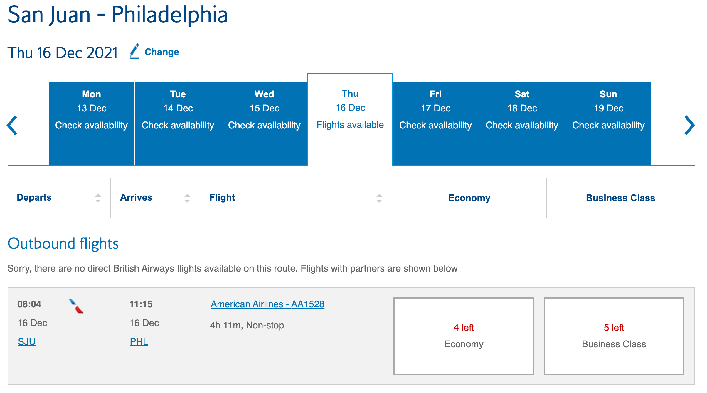 British Airways award search results