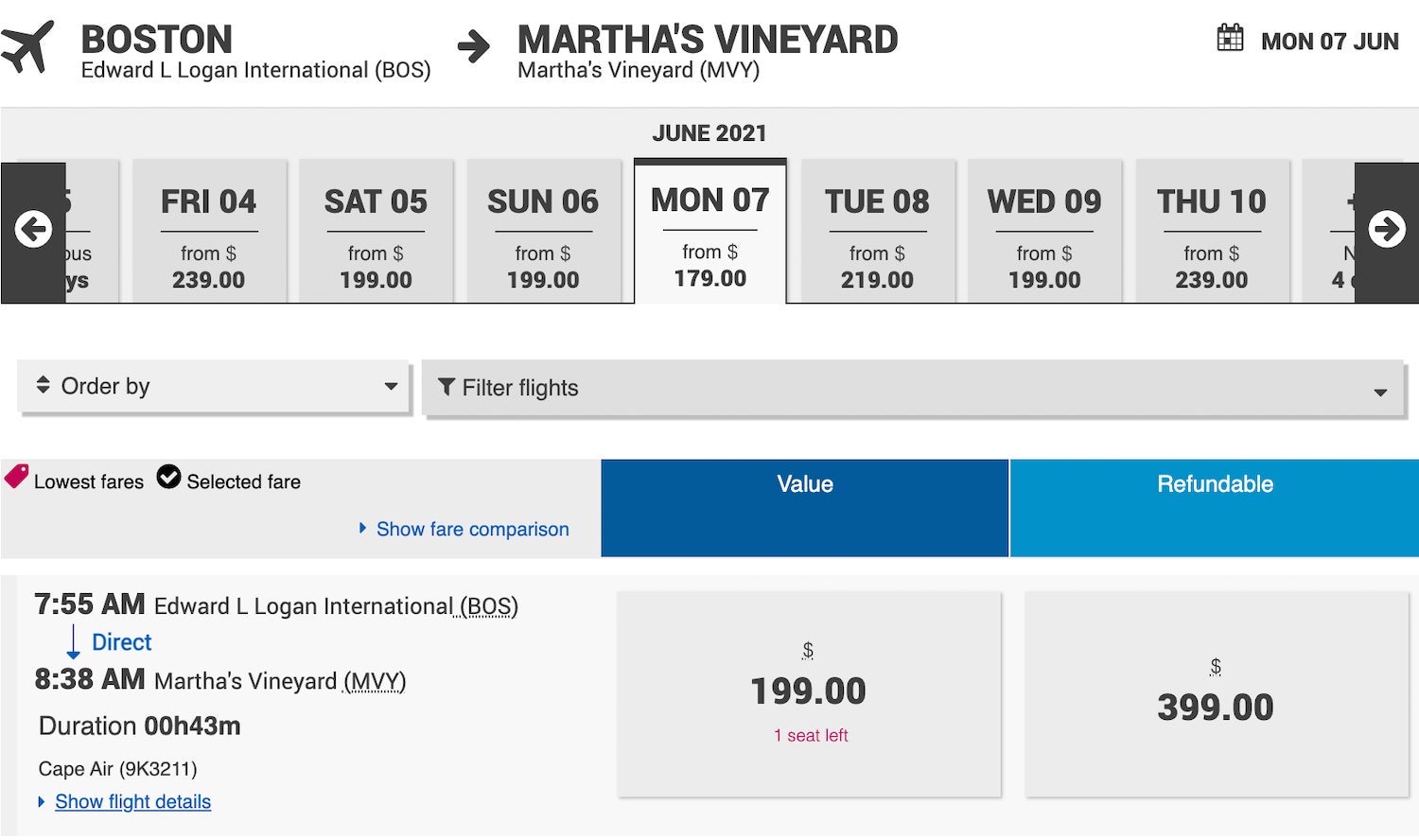 Cape Air BOS-MVY fares in June 2021