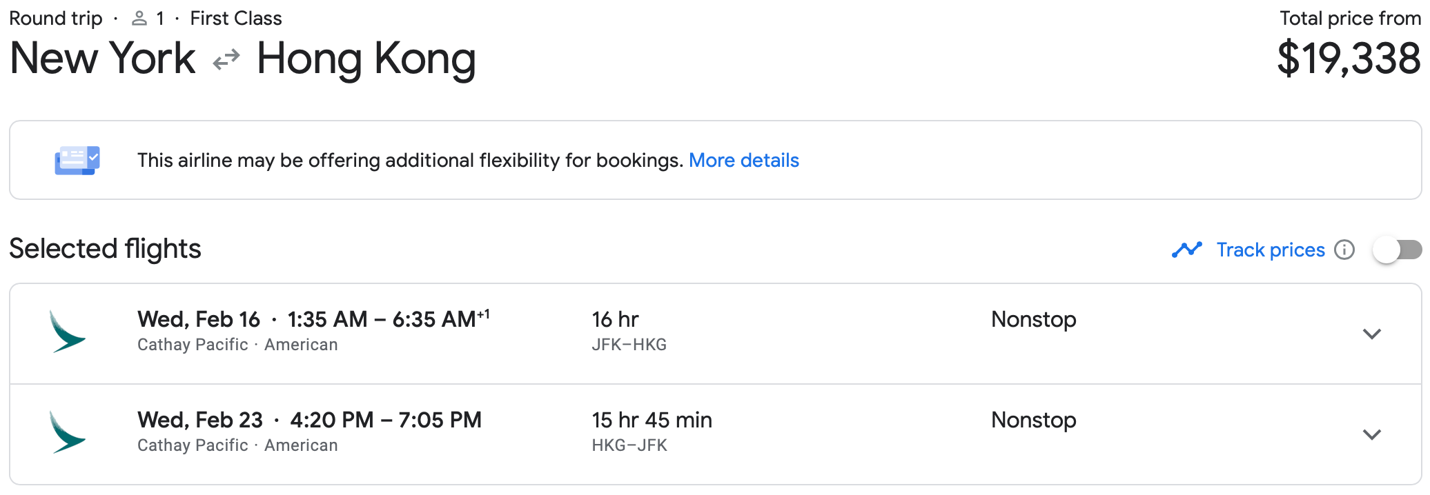 Cathay Pacific first class itinerary on Google Flights