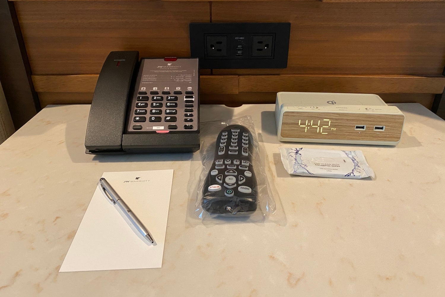 Charging ports on the nightstand at JW Marriott Anaheim